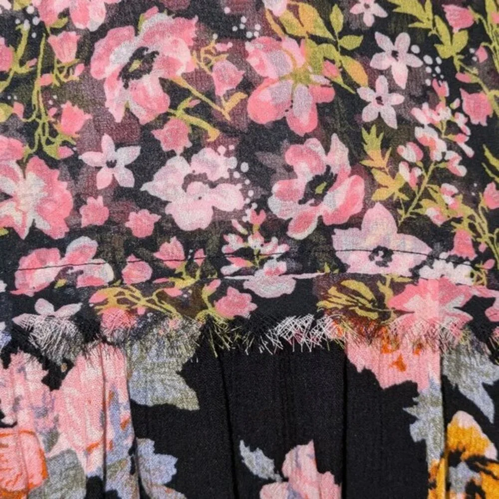 Free People Black Floral Mixed Media Button‎ Down Blouse Top